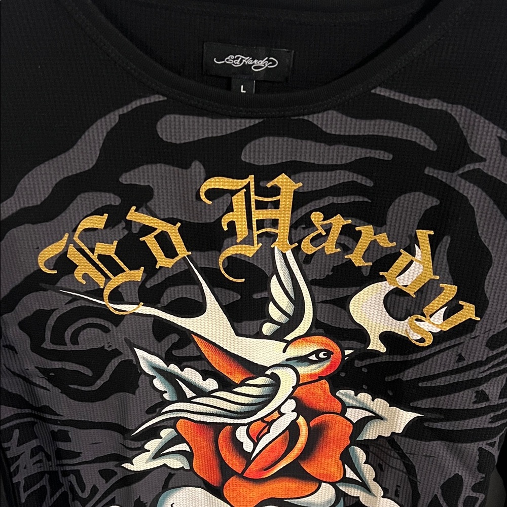 Ed Hardy Black Graphic Long Sleeve with Red and Gold Accents - Picture 2 of 4
